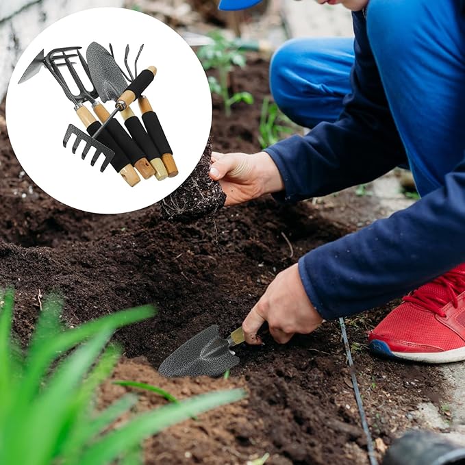 Lurrose 5pcs Gardening Tool Set Garden Shovel Five-Tine Rake Hand Hoe and Three-Prong Cultivator for Planting and Soil Loosening Sturdy Metal Construction Suitable for Lawn and Garden