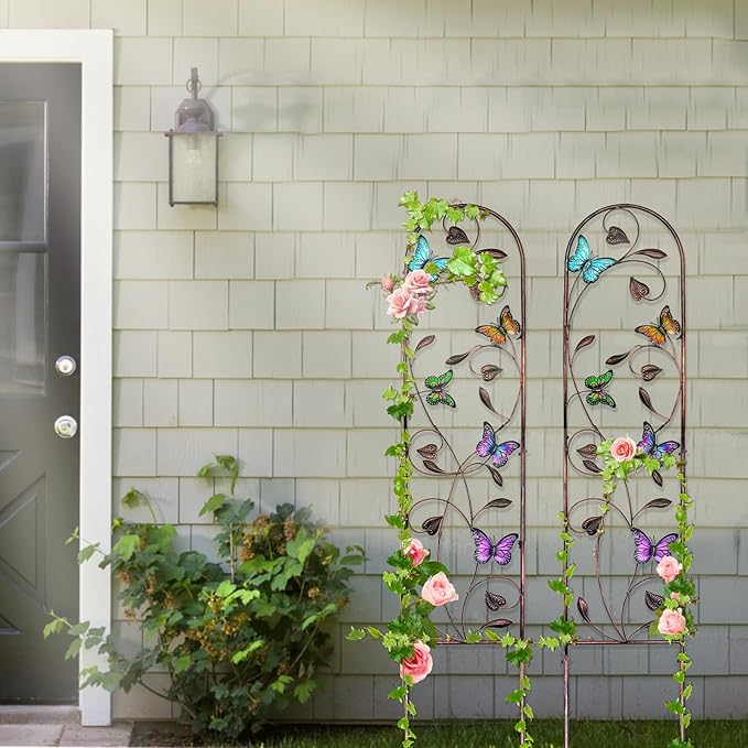 aboxoo Set of 2 Packs Butterfly Metal Garden Trellis for Climbing PlantsOutdoor Decorative Flowers Arch Fence Trellis for Outdoor PatioGardenLawnYardBackyardWall Brackets60'' H x 11'' W