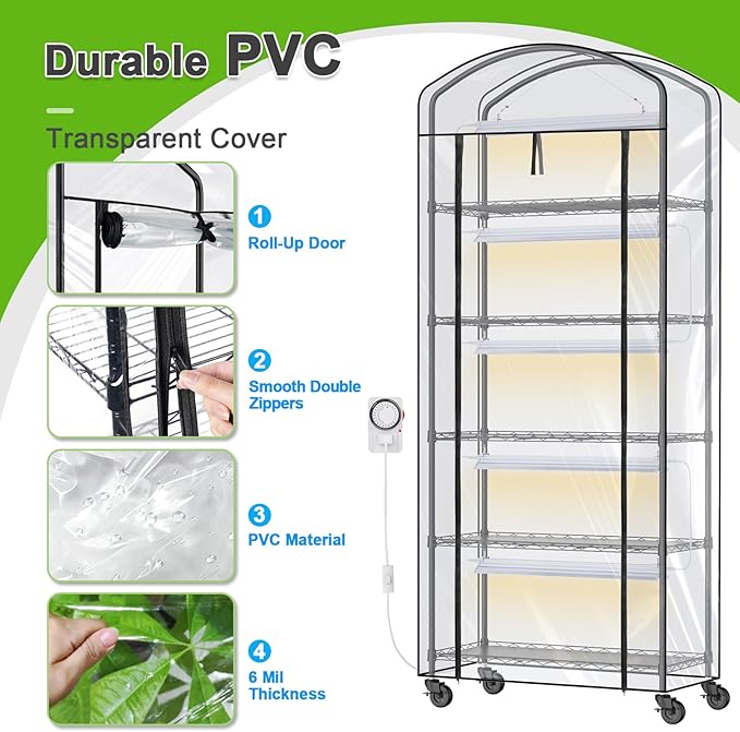 Abimars 5-Tier Greenhouse with Grow Light Shelf Height Adjustable Metal Plant Shelf with PVC Cover and Wheels Includes 5-Pack 2900K Full Spectrum Plant Lights 13x29x73inch