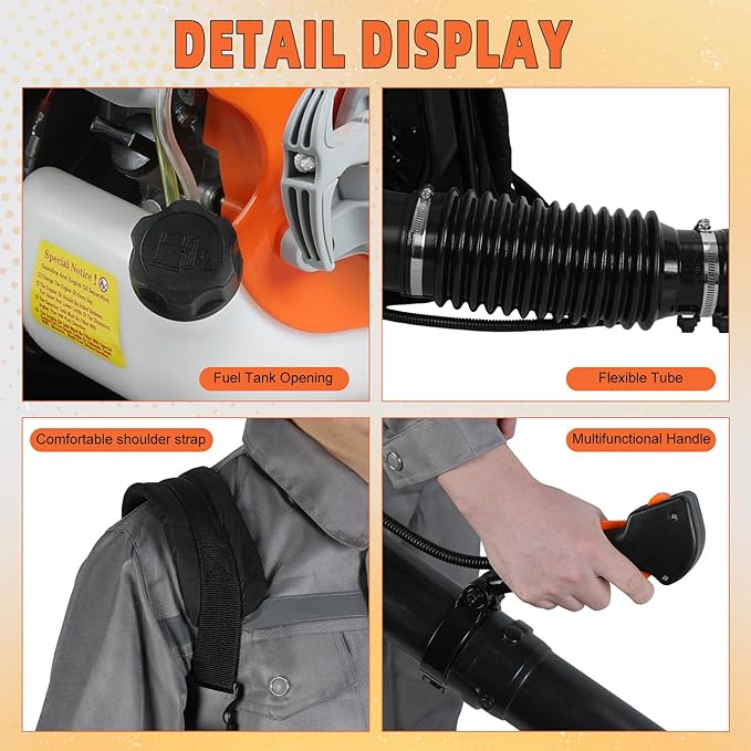 Backpack Gas Powered Leaf Blower 63CC 665 CFM Extreme Duty 2-Stroke Petrol Powered Leaf Blowers for Lawn/Garden Care Yard Snow/Grass Blowing Dust Debris from US (665CFM 75.6CC Grey)