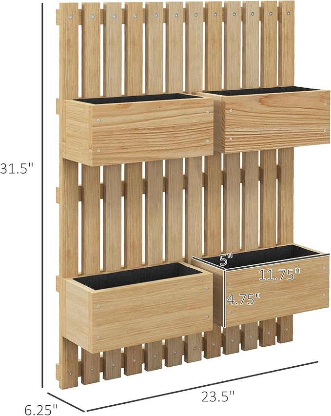4 Box Raised Garden Bed with for Vine Flowers Climbing Plants 31.5 Tall Wall Mounted Wood Planter Box Set with Adjustable Height Drainage Hole Natural