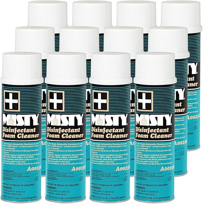 MISTY Disinfectant Foam Spray - 19 oz (Case of 12) - 1001907 - Kills Staph Salmonella Pseudomonas and HIV-1 (AIDS virus)* on hard surfaces when used as directed