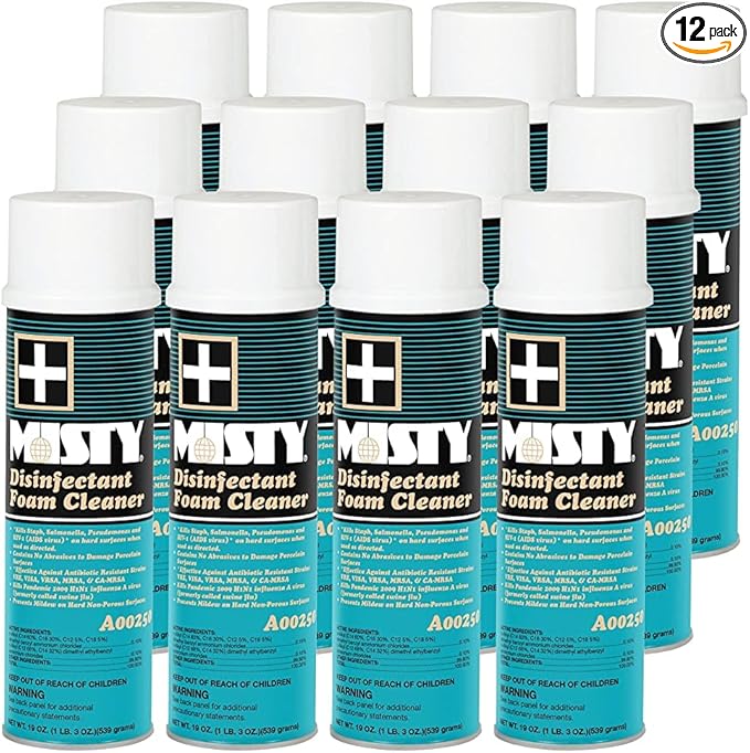 MISTY Disinfectant Foam Spray - 19 oz (Case of 12) - 1001907 - Kills Staph Salmonella Pseudomonas and HIV-1 (AIDS virus)* on hard surfaces when used as directed