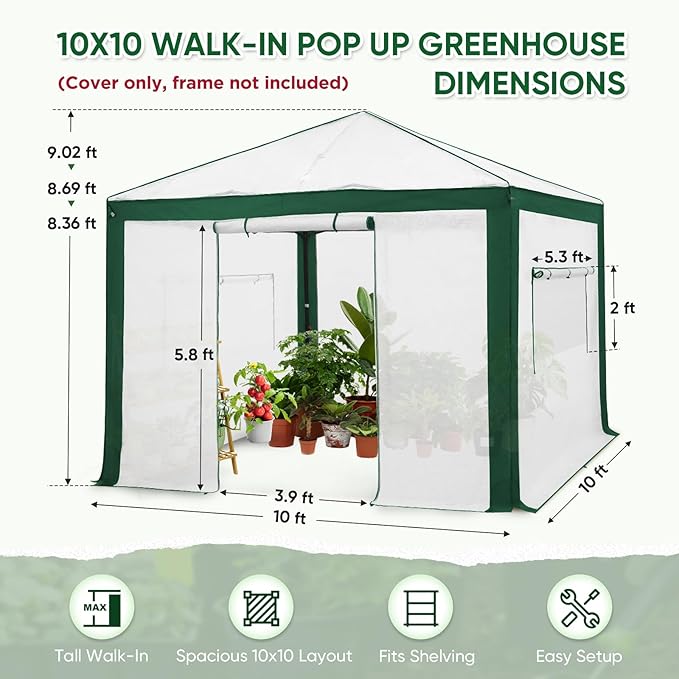 EAGLE PEAK Replacement Cover for 10x10 Pop up Greenhouse with Polyester Reinforced Corners Front and Rear Roll-Up Zipper Entry Doors and 2 Large Roll-Up Side Windows (Frame Not Included) Green/White