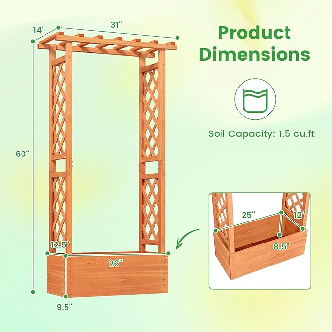 Nightcore Raised Garden Bed with Trellis Wooden Flower Rack with Double-Sided Grid Hanging Roof &amp Drainage Holes Outdoor Garden Planter for Flowers Vegetables Climbing Vines (2)