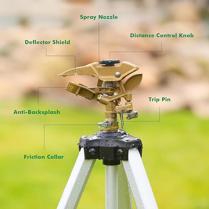 RESTMO 2 Pack 48” Large Full Metal Impact Sprinkler Head on Tripod Base 360° Rotating &amp Height Adjustable Tripod Heavy Duty Zinc Alloy Sprinkler for Large Yard and Lawn Irrigation