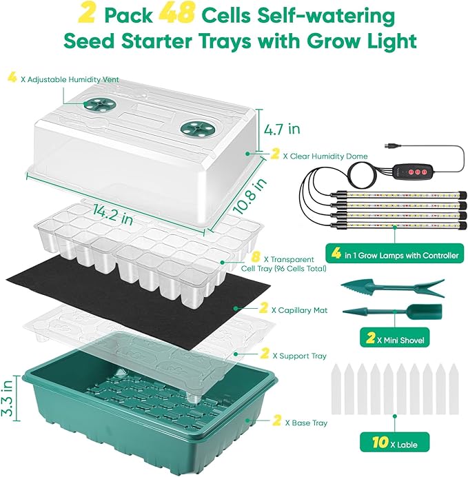 96 Cell Seed Starter Tray with Grow Light Seed Starting Trays with Adjustable Humidity Dome Seed Starter Kit Plant Starter Kit for Seeds Growing Starting Indoor Gardening (Self-Watering)