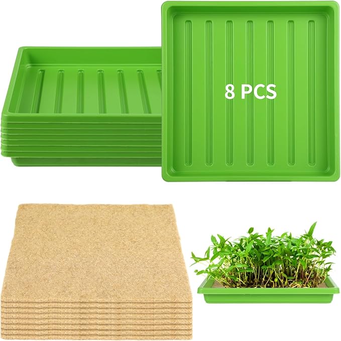 16-Piece Indoor Hydroponic Microgreens Kit 8 Reusable Trays and 8 10X10 High Absorbency Jute Grow Mats
