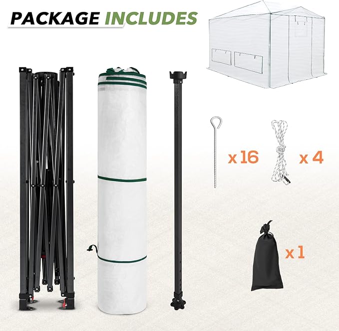 EAGLE PEAK 12x8 Portable Walk in Greenhouse Pop Up Indoor Outdoor Greenhouse Green House Kit with Zippered Roll-Up Doors Windows + Support Pole Woven Cover Translucent