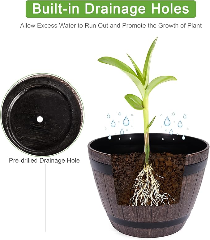 VECELO Plant Pots with Drainage Holes &amp Saucer 9/11.3/13 Inch Flower Pots with Tray 3 Pack Plastic Whiskey Barrel Planters for Indoor &amp Outdoor Garden Home Plants and Flowers