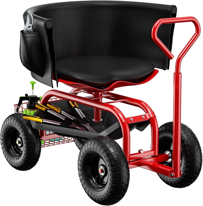 Garden Seat with Wheels Rolling Garden Stool with Adjustable 360°Swivel Seat Storage Basket &amp Extendable Handle Outdoor Gardening Scooter Garden Cart Workseat Stools for Seniors