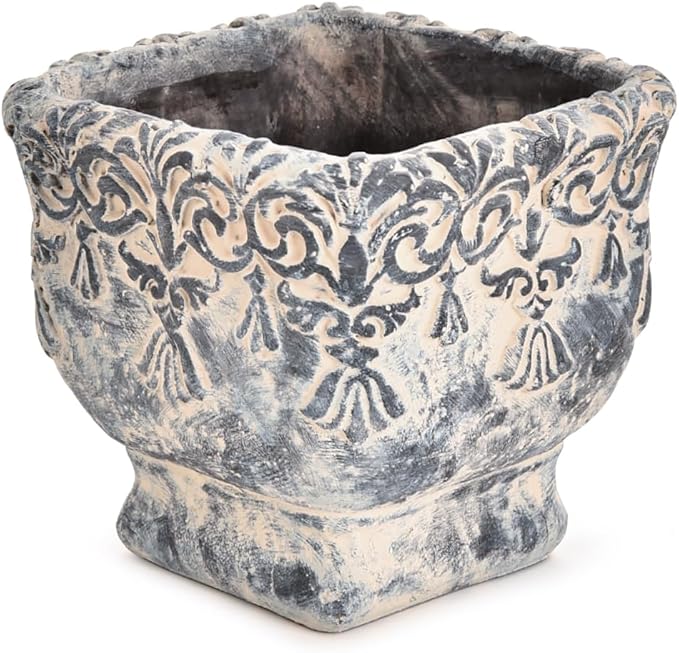 Sungmor 6.5 Inch Cement Plant Pot for Plants Succulent Planter with Embossed Design Vintage Concrete Flowerpots with Drainage Hole Decorative Orchid Houseplant Pot Indoor Outdoor Plant Container