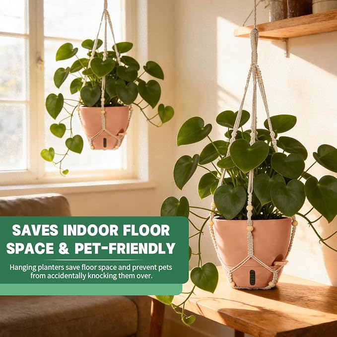 Self-Watering Hanging Planters for Indoor Plants Set 2-Piece Includes Plant Hanging Pot Drainage-Hole Hanging Pot and Hanging Basket Rack (Terracotta10 Inches)