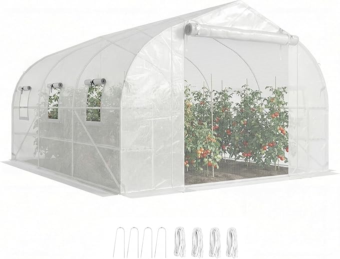 Outsunny 10'x11'x6' Walk-in Tunnel Greenhouse with Shelves Mesh Door and Windows Plant Hot House with PE Cover Outdoor Green House for Patio Lawn Garden White