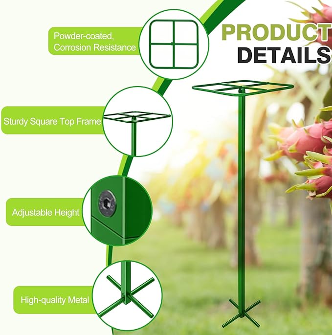 2 Pack Adjustable Dragon Fruit Trellis 12x12x50 Dragon Fruit Trellis Metal Climbing Plant Support Frame Cactus Tower Plant Cage for Vertical Gardening Vegetable Garden Outdoor Green