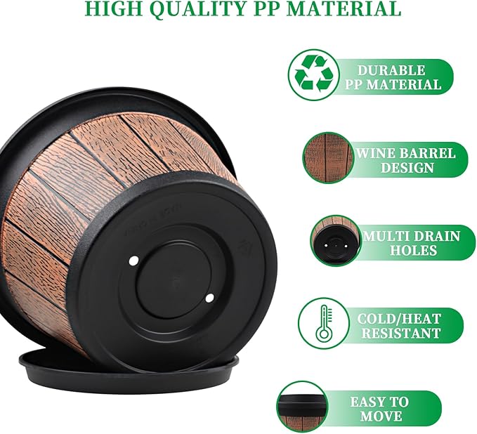 Quarut 4 Pack 12 inch Plant PotsWhiskey Barrel Planters with Drainage Holes &amp SaucerPlastic Decoration Flower Pots Retro DesignPlanters for Outdoor Indoor Garden Home Plants (Brown)