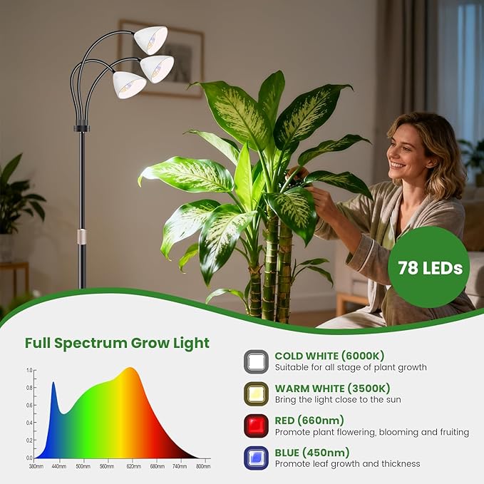 Wolezek Grow Lights for Indoor Plants with Stand 3-Head 78 LEDs Full Spectrum Floor Plant Grow Lamp for Large Plants Auto On/Off Timer 6/12/16H 5 Dimmable Levels Adjustable Height 16.5-61