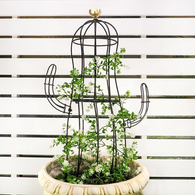 Cactus Obelisk Trellis - 16.34”x27.95” Unique Metal Design for Climbing Plants Garden Decorative Support Structure for Potted Tall Vines and Rose Bushes