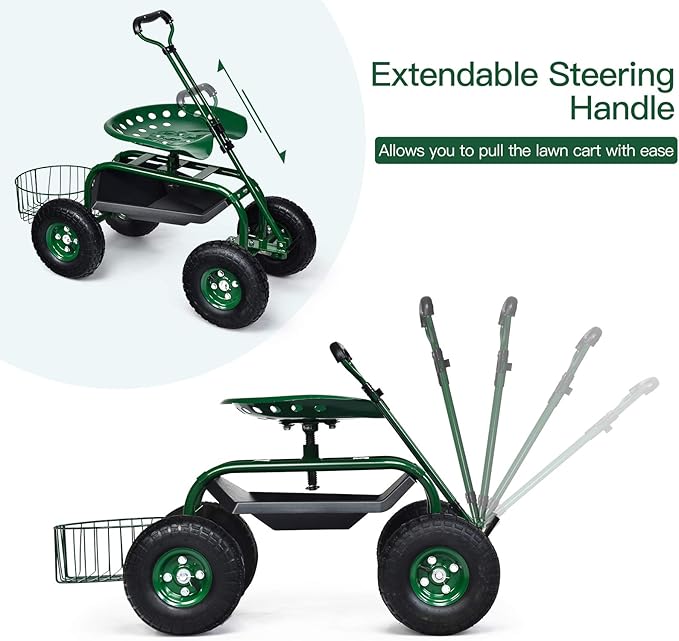 Rolling Garden Cart with Seat Heavy Duty Gardening Scooter w/Wheels Storage &amp Extendable Steering Handle Garden Work Seat for Planting Green
