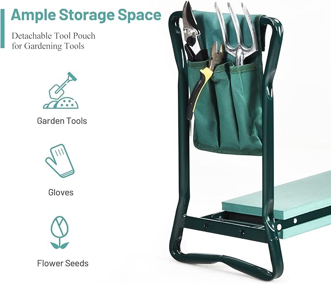 2-in-1 Garden Kneeler &amp Seat Folding Seat w/EVA Foam Kneeling Pad &amp Removable Tools Pouch Sturdy Steel Frame No Assembly Portable Heavy Duty Garden Stool for Women &amp Men