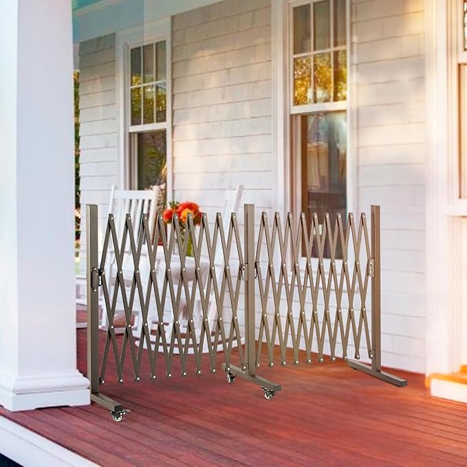 TECSPACE Aluminum Expandable Garden Fence Portable Barricade Gate with Casters Adjustable Retractable Fence Mobile Barricade Safety Barrier (Brown 201×15×41 inch)