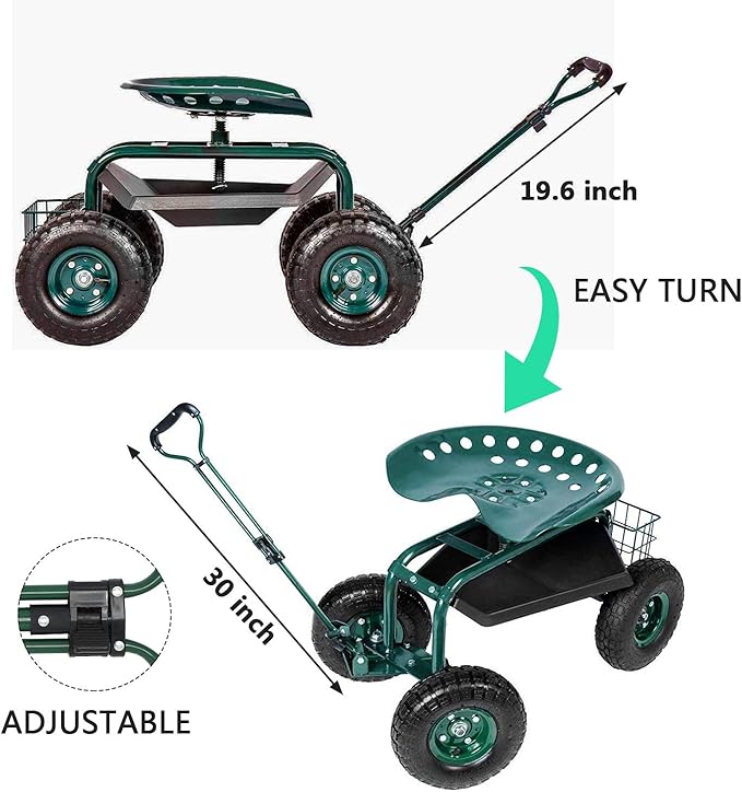 Garden Cart with Seat Rolling Garden Seat with Extendable Steer Handle Tool Tray and Storage Basket Garden Patio Wagon Scooter for Planting Indigo