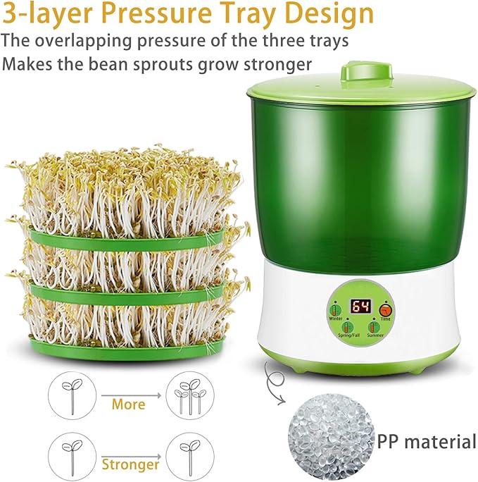 Bean Sprouts Machine Seed Sprouter Kits LED Display Time Intelligent Automatic Bean Sprouts Maker 3 Layers Function Large Capacity Seed Grow Also for Radish Alfalfa Wheatgrass Broccoli Sprouts