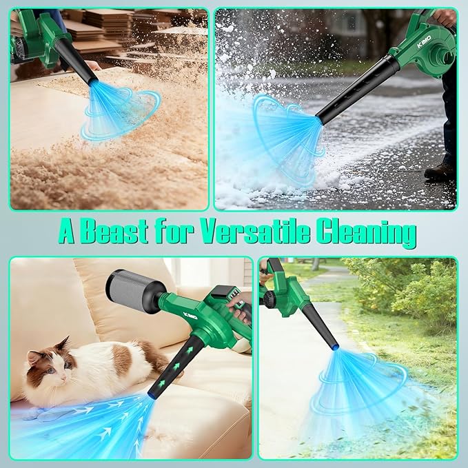 K I M O. Cordless Leaf Blower and Vacuum Combo 4 In 1 3 Nozzles for Inflation and Deflation 190MPH/260CFM Smart Panel w/ 3Modes 20 Extended Tube 2Pack Battery Operated Leaf Blowers for Lawn Care