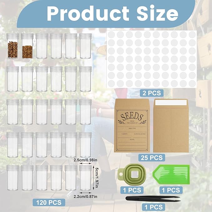 120 Slots Seed Storage Box with 25 Envelopes and Tools Large Sturdy Storage Organizer for Garden Plant Seeds Seed Bank with Zipper Label Funnel Tweezers Tray (Seeds Not Included)