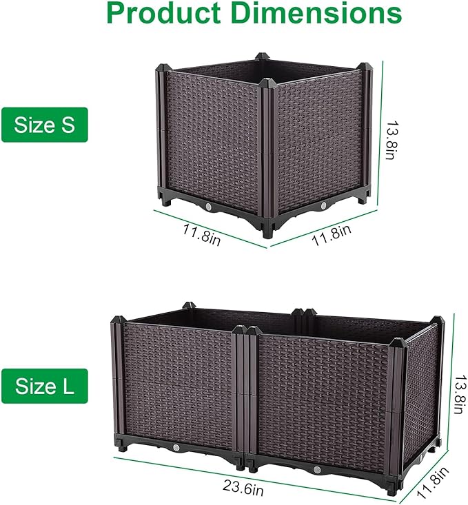 Raised Garden Bed 12x12x14 Rattan Pattern Garden Bed Plastic Planter Garden Boxes Outdoor with Self-Watering System for Flowers Vegetables Herbs for Garden Patio Balcony