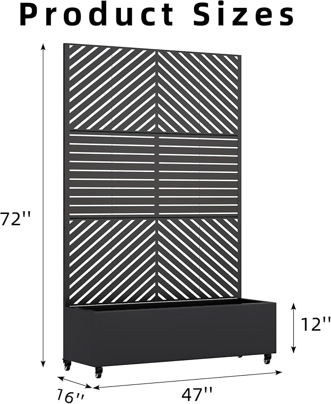Casaphoria Metal Raised Garden Bed with Trellis and Wheels 72x47x16 Planter Box for Climbing Plants Vegetables &amp Vines Features Drainage Holes and Privacy Screen Black(Parallel&ampLouvered