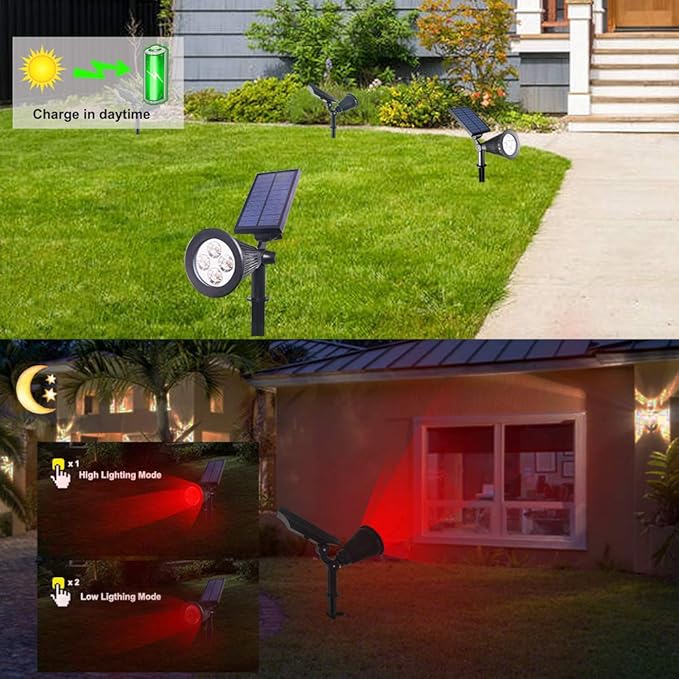 Solar Lights Outdoor 4-LED Solar Spotlight LED Landscape Lights IP67 Waterproof Solar Powered Landscaping Lights Outdoor Lighting for Tree Garden Yard Patio(2 Pack Red)