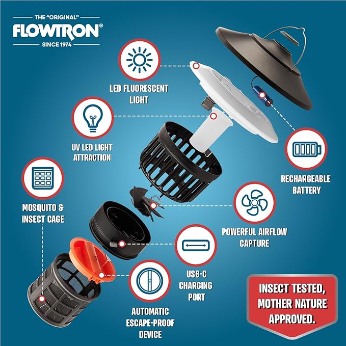 Flowtron Bug Trap Lantern | 2-in-1 UV Mosquito Trap &amp LED Camping Lantern 21000 Sq Ft Coverage 4000mAh Rechargeable Battery Cordless Insect Trap with Fan for Patio Backyard Indoor Outdoor