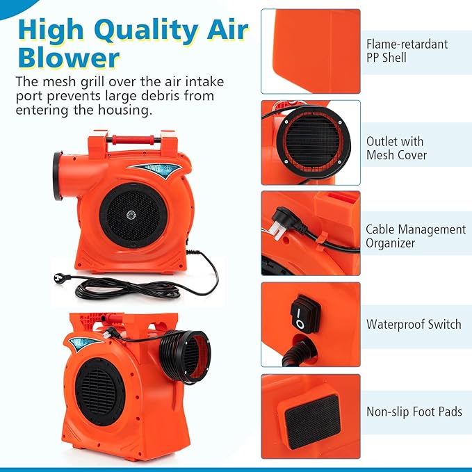 HONEY JOY Commercial Air Blower 3HP/2200W High Power Bounce House Blower Integrated Handle Air Blower for Large Outdoor Inflatables Air Sofas Electric Pump Fan for Bouncy Castle (3HP/2200W)