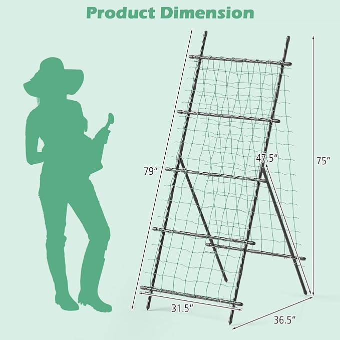 Happygrill Trellis for Climbing Plants Outdoor Cucumber Trellis w/PE-Coated Frame Trellis Net Fixing Clips Zip Ties A-Frame Sturdy Metal Plant Support for Tomato Grape Clematis