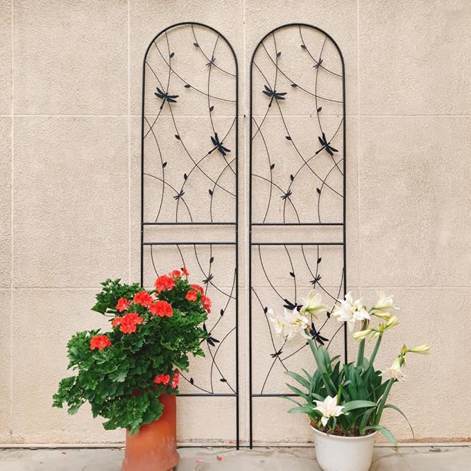 Sturdy Metal Garden Trellis for Climbing Plants – Rust-Resistant Outdoor Flower Support with Decorative Dragonfly Design (4 Pack-H86'')