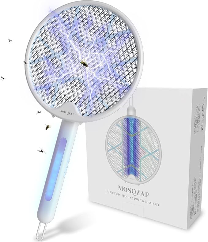 Electric Fly Swatter Foldable Bug Zapper Racket 3500Volt Mosquito Killer Electronic Fly Zapper w/Purple Light Attractant for Home Indoor Outdoor Large Size White