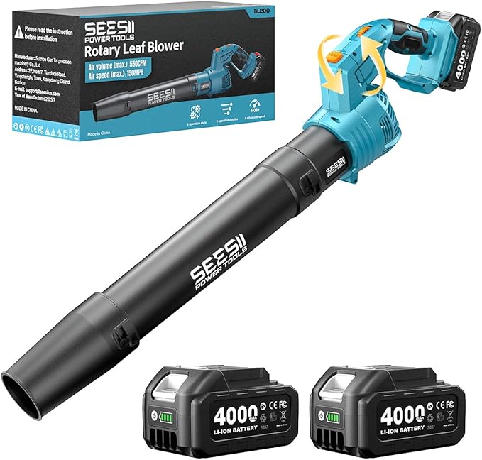 SEESII Leaf Blower Cordless Rotated 180° Electric Leaf Blower with 2 * 4.0Ah Batteries and Charger 550CFM 150MPH Lightweight Blower with 5 Speed Mode for Lawn Care Yard Patio &amp Outdoor Use