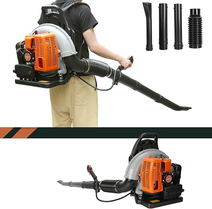 63CC Backpack Leaf Blower 665CFM 2-Stroke Engine Gas Leaf Blower Backpack Low Vibration Ergonomic Harness System High Strength Dust Blower for Clearing Yard All Year Round (Grey-Orange)