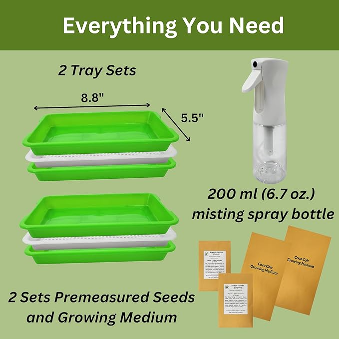 Complete Home Microgreens Kit - Organic Indoor Garden System - Includes 2 Sets of Reusable Trays Premium Spray Mister Coco Coir Growing Medium 2 Packs Organic Seeds – Radish and Broccoli