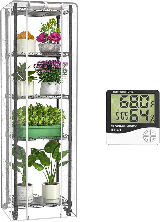 Mini 5-Tier Greenhouse for Indoor Outdoor  15.7 L×11.8 W×62.3 H Portable Greenhouse with Clear PVC Cover and Metal Shelf for Growing Vegetables Flowers and Seedlings with Wheels