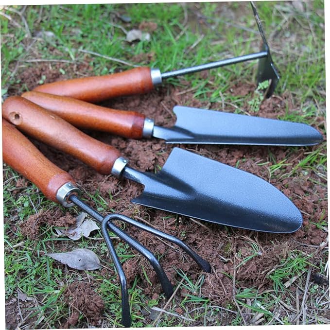 jojofuny 4pcs Garden Tool Set with Small Trowel Narrow Spade Three-Prong Cultivator and Dual-use Hoe Mini Handheld Soil Scoop for Planting Digging and Gardening Tasks