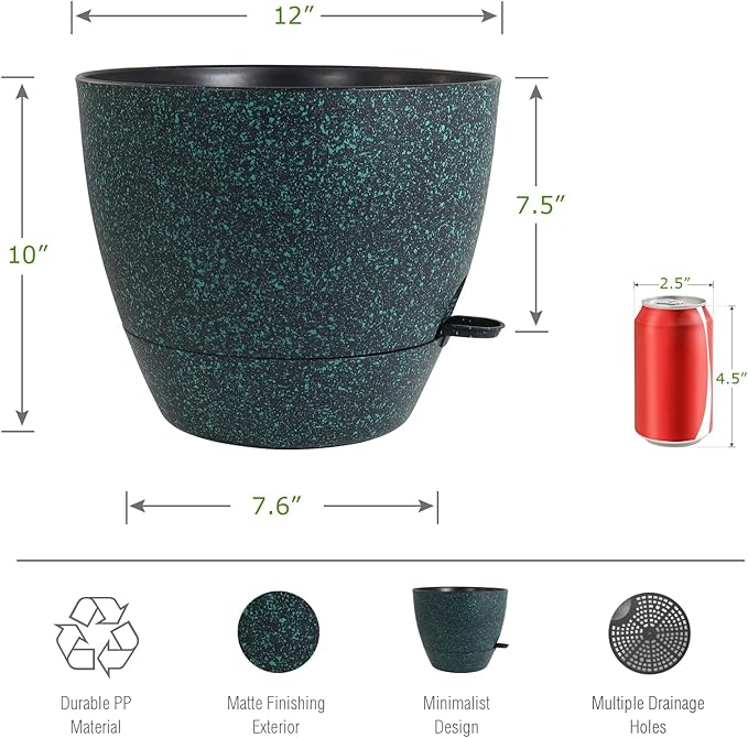 12 inch Large Self Watering Pots Plastic Planters with 60oZ Removable Deep Reservoir and Multi Mesh Drainage Holes for Indoor Outdoor Garden Plants and Flowers Black with Green Speckles
