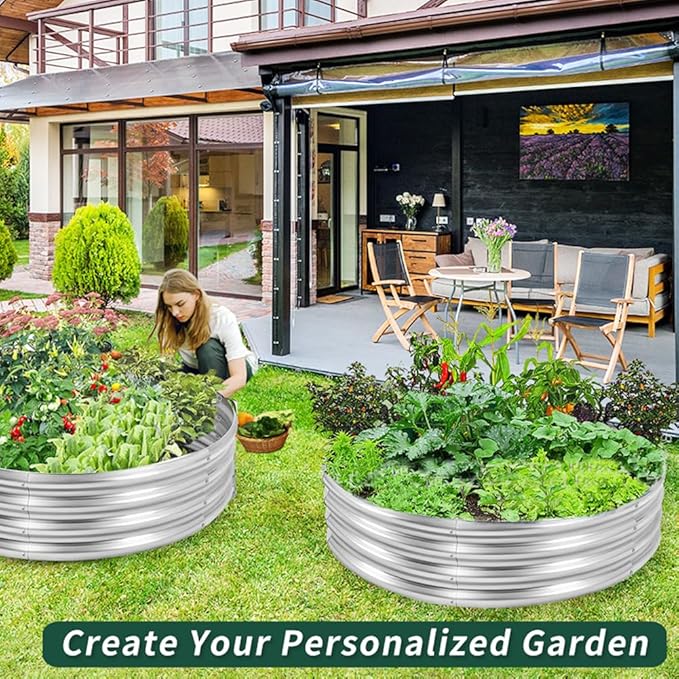 4 ft Galvanized Steel Round Raised Garden Bed Large Outdoor Metal Planter Box Big Flower Plant pots for Patio Backyard Porch Deck Planting Flowers Vegetables and Herbs (Silver 4 ft)