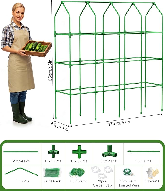 Cucumber Trellis for Climbing Plants Outdoor A-Shape Garden Trellis for Raised Bed Metal Plant Trellis with Garden Netting for Flower Vegetables Pea Grape (67 * 17.7 * 65inch(L*W*H))