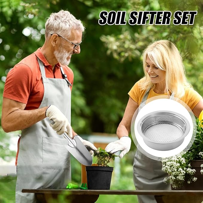 Stainless Soil Sieve Set – 5 Interchangeable Mesh 1 3 6 9 12mm Screens with Shovel | Garden Potted Plant Sifting Tool for Sand Compost Potting Mix Preparation Use