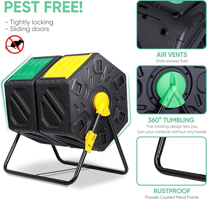 Compost Bin Tumbling Composter Rotating w/ 2 Sliding Doors Compost Bin Dual Chamber All Season Heavy Duty Outdoor Gardening Composting Tumblers Garden Yard (37 Gallon Black)