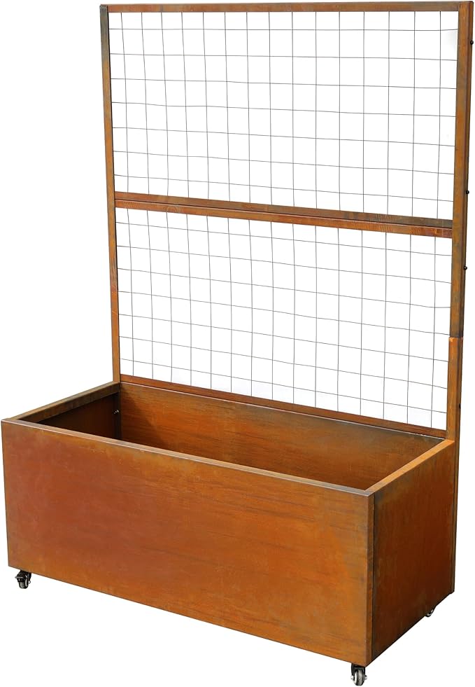 Metal Rolling Planter Box with Lattice Trellis Modern Steel Planter Box Trellis Corten Trough Planter with Casters 66” x 46” x 21” (Rustic)