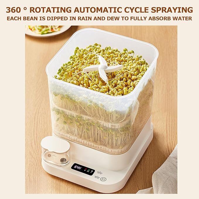 Bean Sprouts Machine 1.5L Automatic Smart Bean Cultivater 3 Layer Large Capacity Seed Sprouter Kits 360° Automatic Spray with Led Display Time for Rad