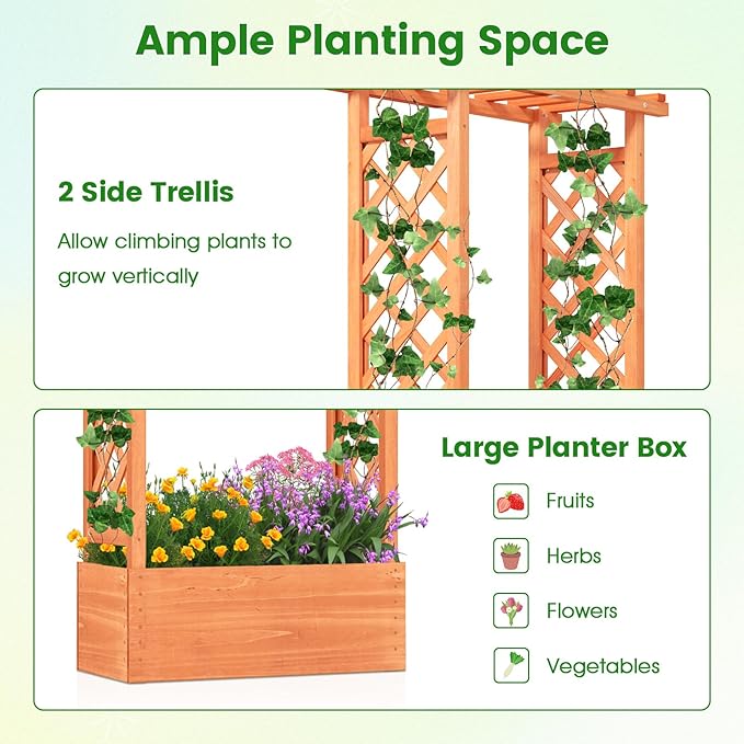 Nightcore Raised Garden Bed with Trellis Wooden Flower Rack with Double-Sided Grid Hanging Roof &amp Drainage Holes Outdoor Garden Planter for Flowers Vegetables Climbing Vines (2)